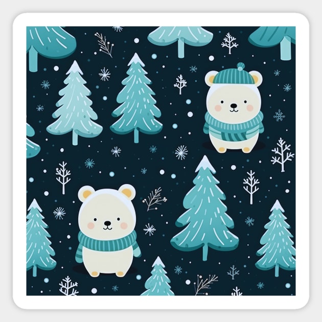 Blue Green White Winter Pattern With Cute Polar Bears, Christmas Trees And Snowflakes Sticker by Step Into Art